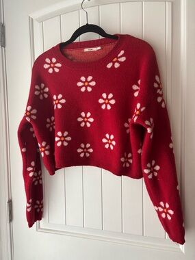 Retro mi ami Red Daisy Knit Cropped Crewneck Sweater | Women's small